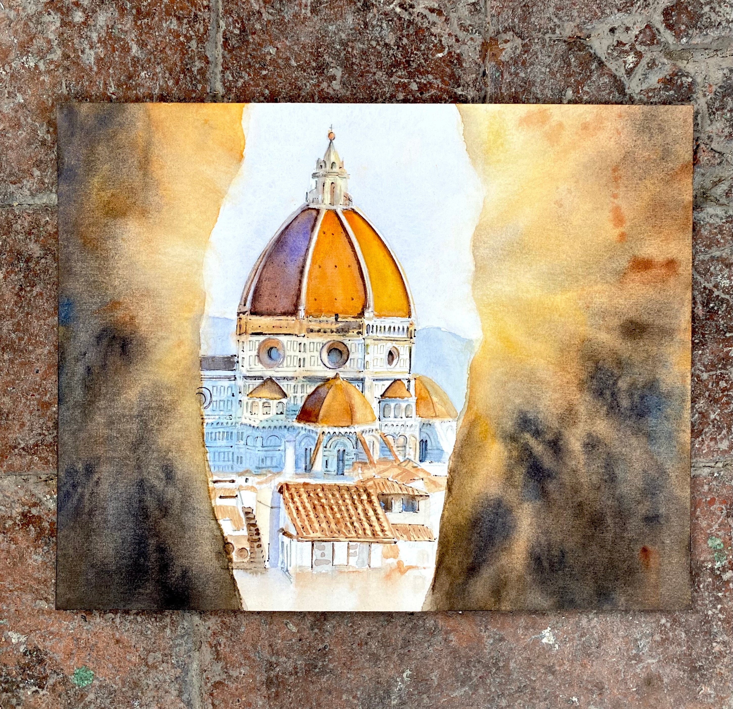 フィレンツェの日の出の水彩画：トスカーナの建築芸術（9.5 x 12インチ