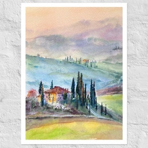 Impression d'une aquarelle originale représentant une maison avec des cyprès sur une colline en Toscane, en Italie.