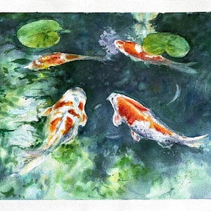 Koi fish original watercolor painting Zen wall art home decor, Gift idea for a friend.