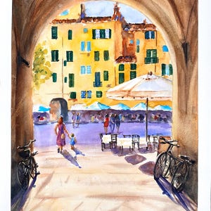 Aquarelle représentant Lucques en Italie, cadeau pour les amateurs de voyages, oeuvre d'art murale originale.