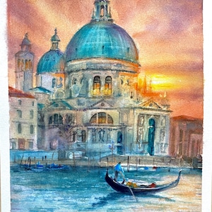 Peinture originale à l'aquarelle de Venise en Italie, cadeau pour les vacances, les amateurs de voyage.