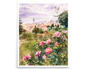 Florence Rose Garden Watercolor Print: Tuscany Cityscape (Giclee)