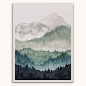 Aquarelle originale, art mural ciel coloré, paysage de montagne, forêt de pins, peinture abstraite.