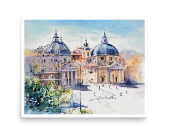 Rome Piazza del Popolo aquarel schilderij Art Print