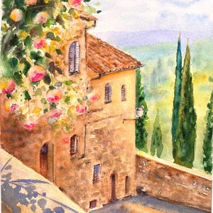 Handmade watercolor wall painting, Tuscany in Italy, painting of a typical house with a picturesque landscape of Tuscan fields , housewarmin
