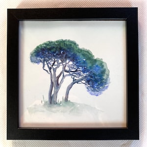 Piccola opera d'arte incorniciata, dipinto ad acquerello originale, mini albero di pino, decorazione per la casa, festa della mamma, regalo per l'ospite
