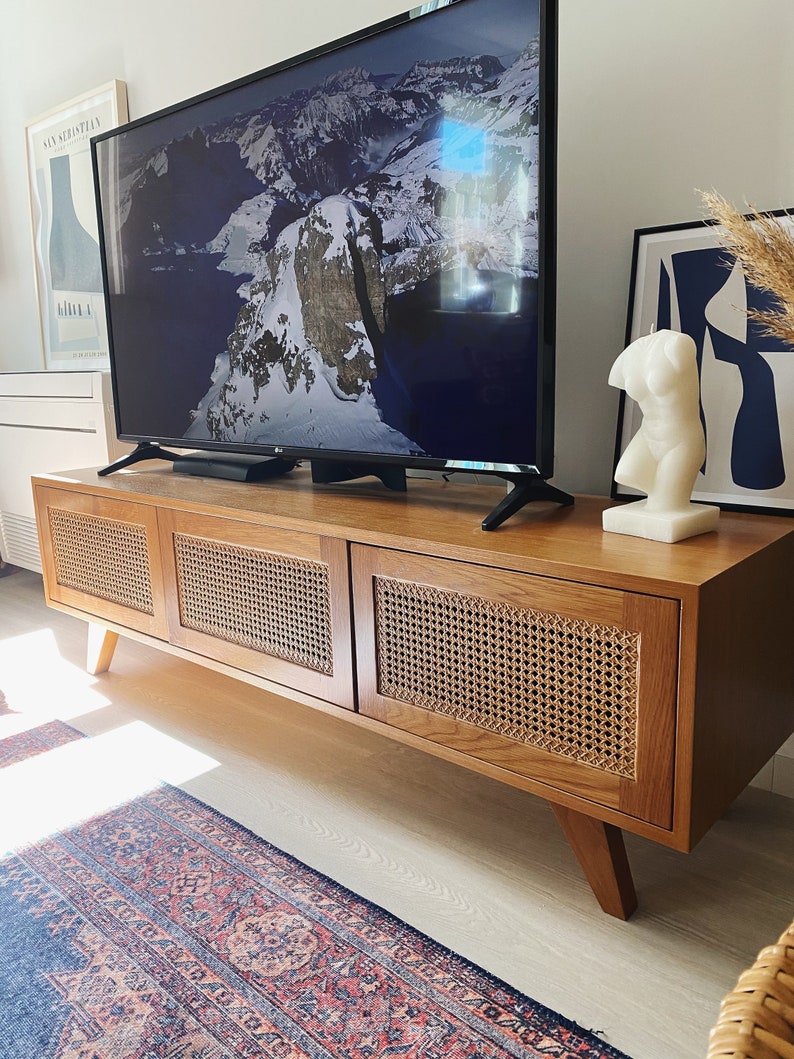 Oak Wood TV Media Stand Rattan Cane Sideboard Boho Etsy