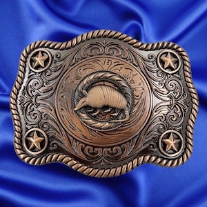 Western Style, Star Trophy Belt Buckle with Texas Armadillo Concho Antique Copper
