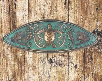 Nautical Turtle, Seahorse, and Seahell Patina Copper Drawer Pull