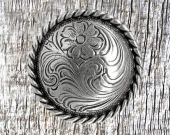 Floral Engraved 1 Inch Rope Trim Concho Sterling Finish