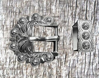 Boucle De Ceinture Jeremiah Watt – Florale, Inox Noir, 1 1/4", équitation Western