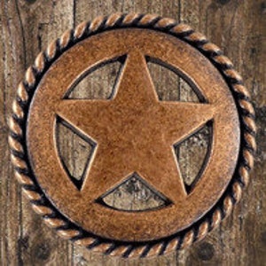 May include: A copper-colored metal star with a rope-like border. The star is cut out and has a rustic, distressed look.