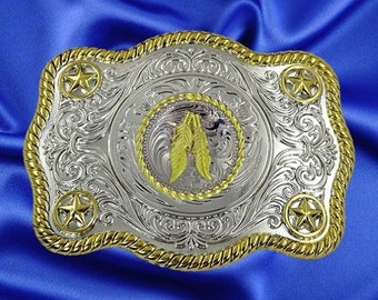 Western Style, Star Trophy Belt Buckle with Feather Concho