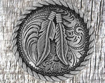 Feather Round Rope-Edged Antique Nickel 1-1/4 Inch Concho
