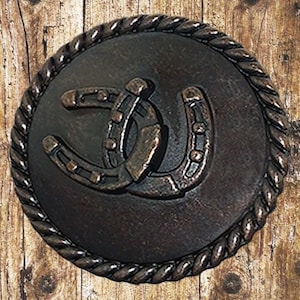 May include: A close-up of a dark brown metal horseshoe charm with a rope-like border. The horseshoe is made of metal and has a rustic, antique look.