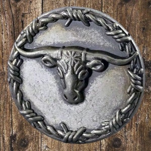 Pode incluir: Uma fivela de cinto de metal prateado com um design de arame farpado ao redor da borda. O centro da fivela apresenta uma imagem em relevo de uma cabeça de touro longhorn.