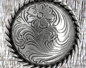 Floral Engraved 1-1/2 Inch Rope Trim Concho Sterling Finish