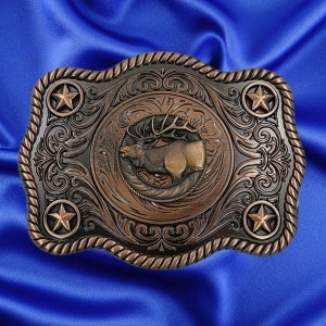 Western Style, Star Trophy Belt Buckle with Elk Concho Antique Copper