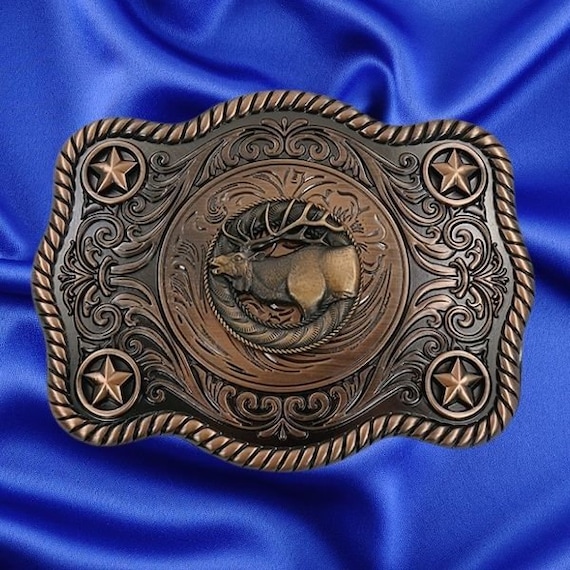 Western Style, Star Trophy Belt Buckle with Elk Concho Antique Copper