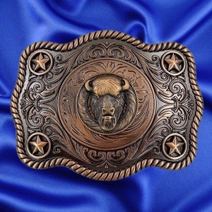 Style western, boucle de ceinture Star Trophy avec concho tête de buffle, cuivre antique
