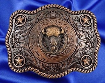 Western Style, Star Trophy Belt Buckle with Buffalo Head Concho