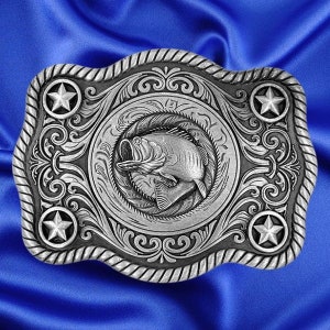 Western Style, Star Trophy Belt Buckle with Wide Mouth Bass Concho Antique Nickel