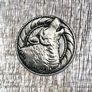 Puede incluir: Un pin de metal plateado con un lobo aullando a la luna. El lobo está representado en un estilo realista con pelo detallado y una superficie texturizada. El pin es circular y tiene un borde decorativo.