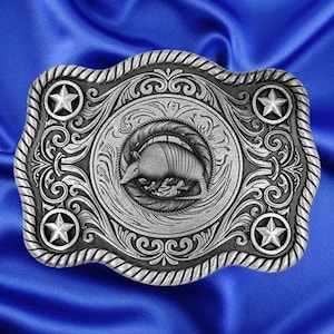 Western Style, Star Trophy Belt Buckle with Texas Armadillo Concho Antique Nickel