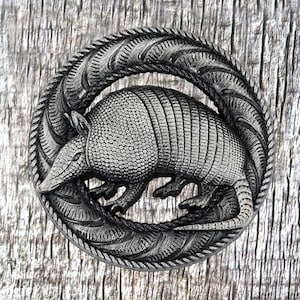 Concho de cabeza de armadillo de Texas en níquel antiguo