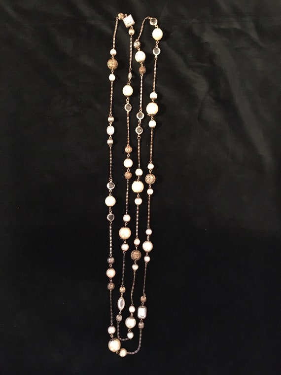 Extra long chain necklace with clear stones and fa
