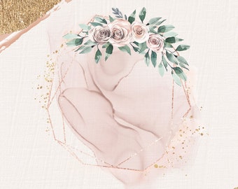 Pink aquarellfarbener Farbrahmen mit Blumen - Floraler Rahmen - Blush rosa Rahmen - Hochzeit Clipart für Hochzeitseinladung - PNG - Direkter Download