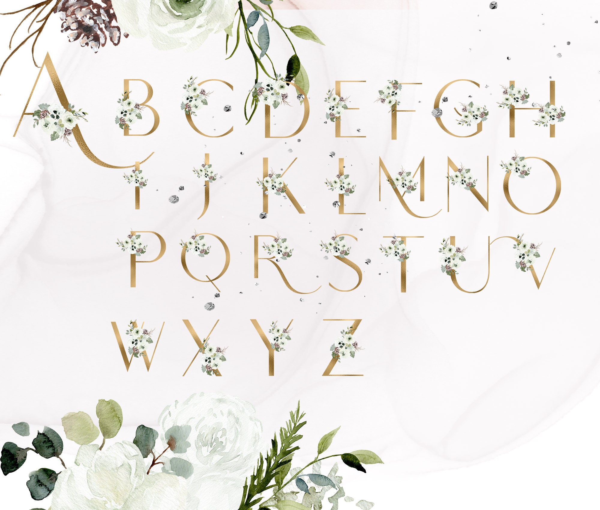 White floral alphabet clipart Floral letters clipart Gold | Etsy