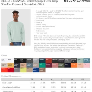 May include: A light green unisex crewneck sweatshirt from BELLA+CANVAS. The image shows a person wearing the sweatshirt. The sweatshirt has a drop shoulder design, ribbed cuffs, and a waistband. The body length is 27 1/8 inches for XS and 31 5/8 inches for 2XL.