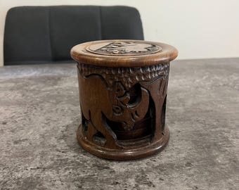 Hand Carved Wooden Coasters And Holder Set African Rhino Design Set Of 6