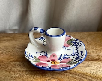 Rare Vintage Portuguese Ceramic Floral Candle Holder 5" Diameter Flowers