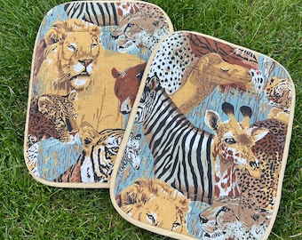 Vintage African Safari Wildlife Set of 2 Handmade Placemats Zebra Tiger