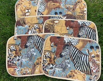 Vintage African Safari Wildlife Set of 6 Handmade Placemats Zebra Tiger