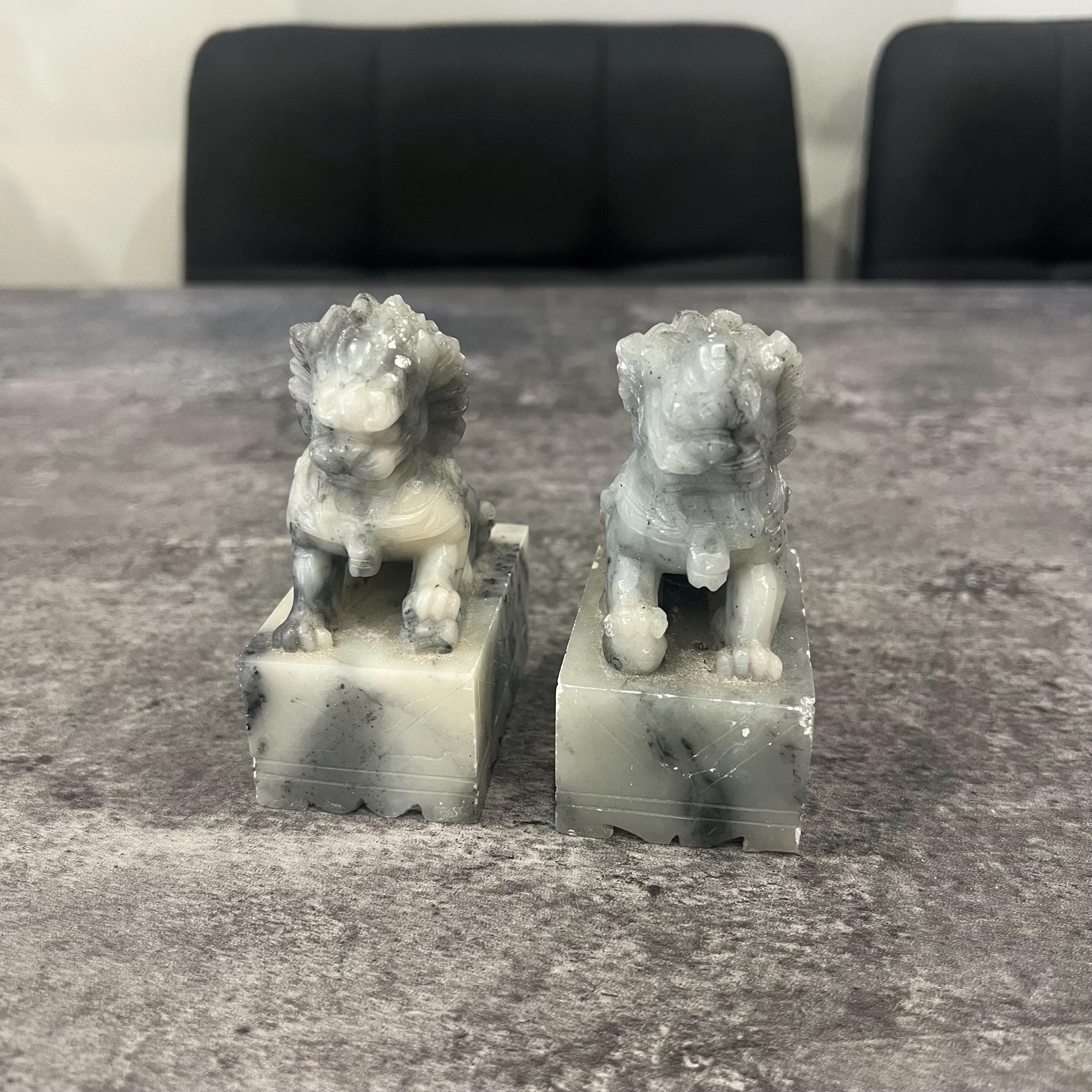 Pair of Hand Carved Grey Soapstone Chinese Foo Dogs Small Bookends