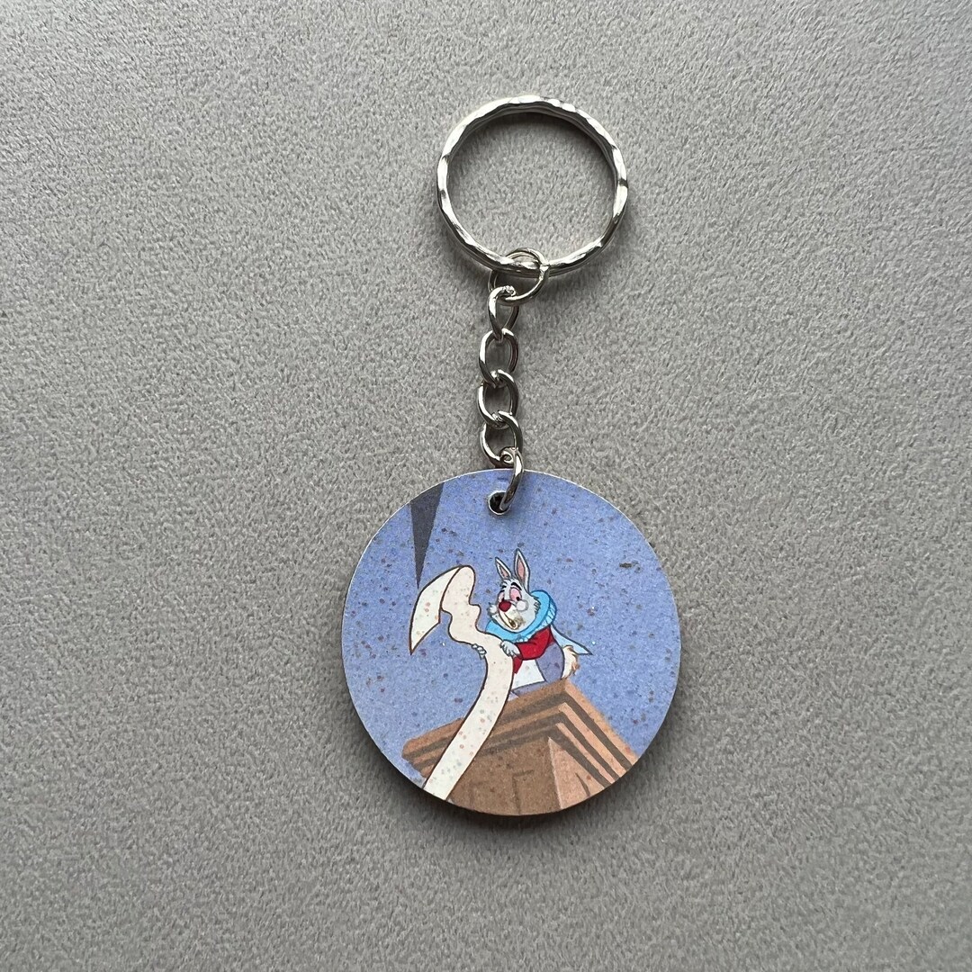 Disney Rabbit Keychain Upcycled Disney Book Alice in Wonderland White Rabbit Wooden Keyring ...
