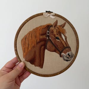 May include: A circular embroidery hoop frame containing a detailed thread-stitched portrait of a brown horse with a white blaze on its face, wearing a dark brown bridle. The fabric background is beige, and a small cream-coloured ribbon bow is attached.