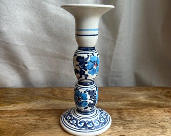 Vintage Blue White Candlestick Holder Floral Hand Painted Cyprus Handmade