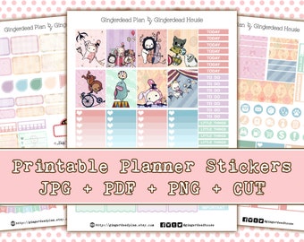 May include: Printable planner stickers with a circus theme. The stickers feature cute animal illustrations, including a monkey riding a unicycle, a bunny wearing a top hat, and a lion playing a cello. The stickers are in pastel colors and have a vintage aesthetic.