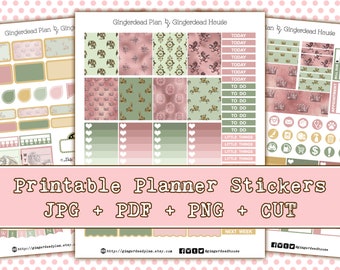 Fairytale Memory ~ Vintage Princess Green & Pink Printable Planner Sticker Kit ~ EC Vertical