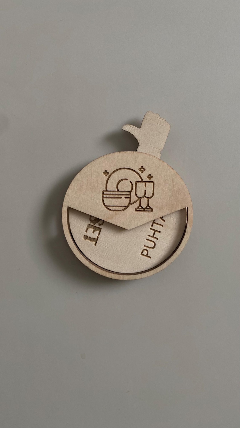 May include: A wooden box with a thumbs up design on the top. The box is engraved with the words "Puhti" and "Set" and a graphic of a plate and glasses.