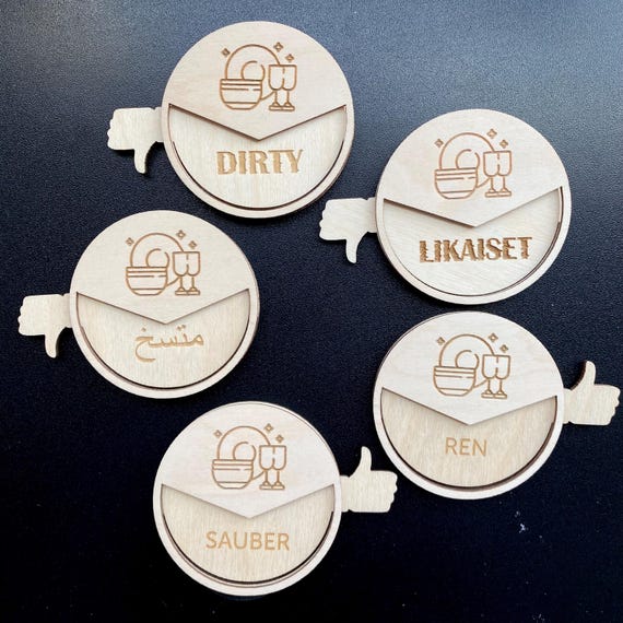 Clean Dirty Dishwasher Sign: Birch Plywood Kitchen Decor | SAUBER / SCHMUTZIG | Puhtaat/Likaiset - 14 languages