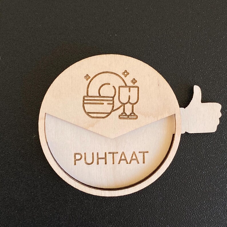 May include: A wooden sign with a thumbs up and a dish and glasses icon. The sign says "PUHTAAT" which is Finnish for "Clean".