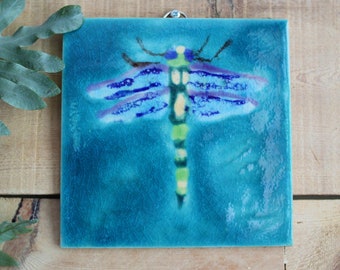 Handmade Dragonfly hanging picture tile, wall gift art , picture art tile, Dragonfly wall decor, ceramioc wall art