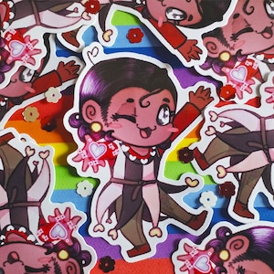 May include: A collection of colorful stickers featuring a cartoon jester character with a wink and a wave. The jester wears a black and white striped outfit with red accents and holds a heart-shaped object. The background is a rainbow gradient.