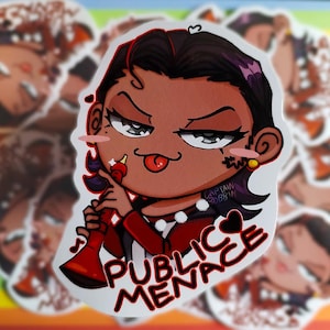May include: A sticker featuring a cartoon character with dark skin, playing a red wind instrument. The character has a playful expression with their tongue out. The text "PUBLIC MENACE" is in red below the character.