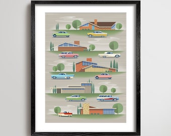 Mid Century Modern Art Modern Art Print Atomic Architecture and Classic Cars art print, Atomic Ranch, Modern Wall Art